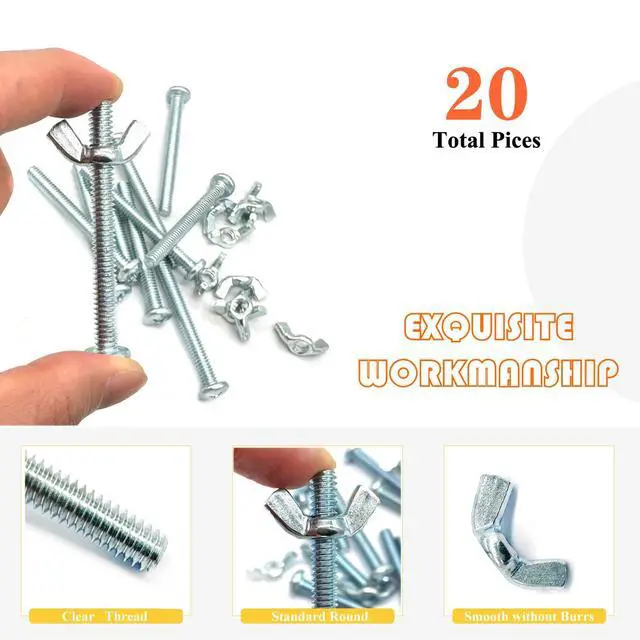 Alt view image 4 of 7 - 20Pack 1/4"-20 x2-1/2 Screw Bolts and Wing Nut Kit 10pcs Machine Screws with Round Head Phillips 10pcs Butterfly Hand Twist Tighten Nut Zinc Plated Hardware Fitting Fastenings Assortment Kit