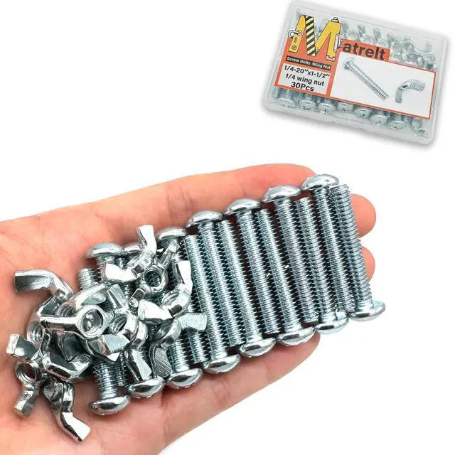 Main image of 30Pack 1/4"-20 x1-1/2 Screw Bolts and Wing Nut Kit 15pcs Machine Screws with Round Head Phillips 15pcs Butterfly Hand Twist Tighten Nut Zinc Plated Hardware Fitting Fastenings Assortment Kit