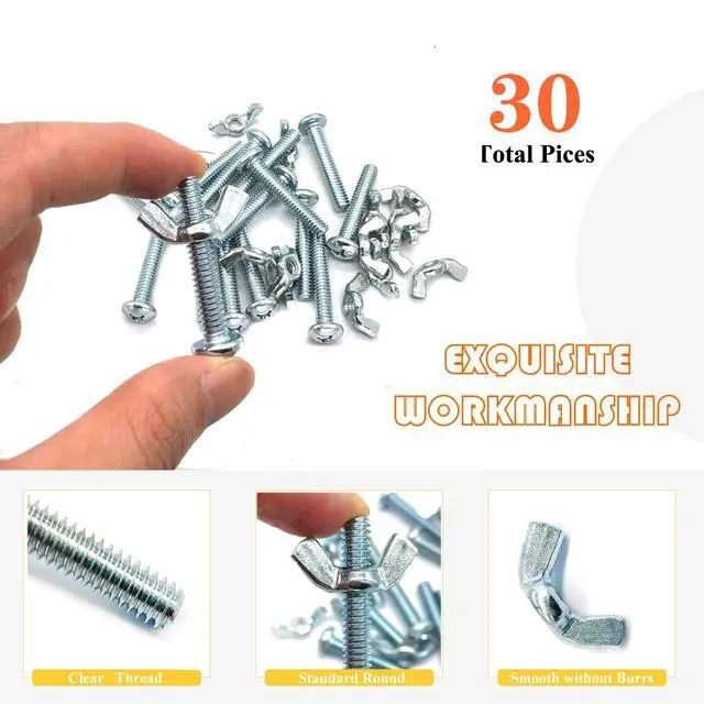 Alt view image 4 of 7 - 30Pack 1/4"-20 x1-1/2 Screw Bolts and Wing Nut Kit 15pcs Machine Screws with Round Head Phillips 15pcs Butterfly Hand Twist Tighten Nut Zinc Plated Hardware Fitting Fastenings Assortment Kit