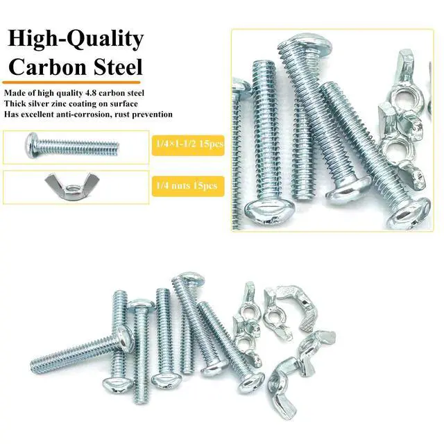 Alt view image 3 of 7 - 30Pack 1/4"-20 x1-1/2 Screw Bolts and Wing Nut Kit 15pcs Machine Screws with Round Head Phillips 15pcs Butterfly Hand Twist Tighten Nut Zinc Plated Hardware Fitting Fastenings Assortment Kit