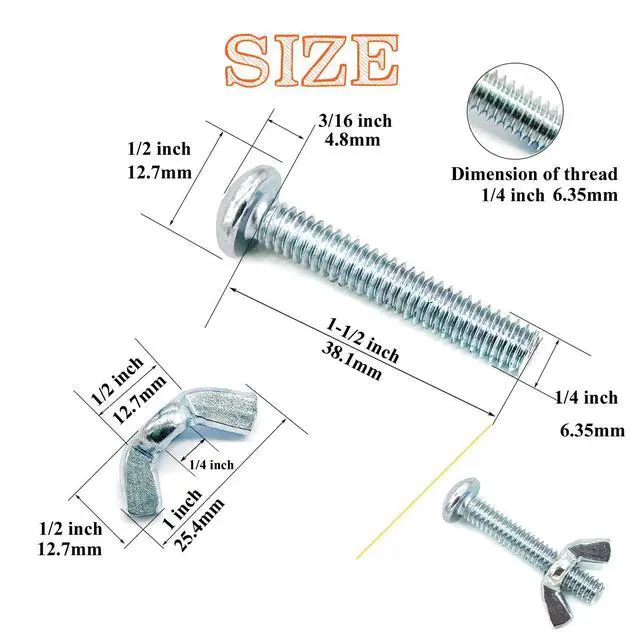Alt view image 2 of 7 - 30Pack 1/4"-20 x1-1/2 Screw Bolts and Wing Nut Kit 15pcs Machine Screws with Round Head Phillips 15pcs Butterfly Hand Twist Tighten Nut Zinc Plated Hardware Fitting Fastenings Assortment Kit
