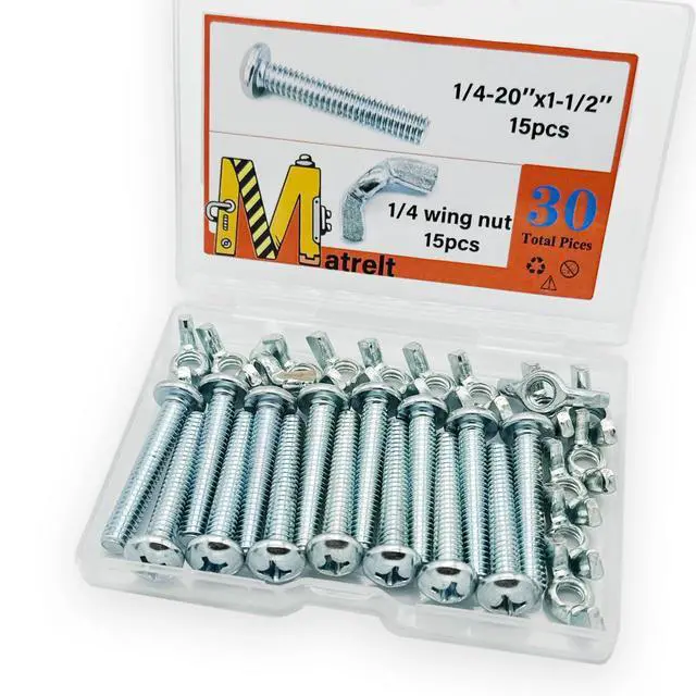 Alt view image 7 of 7 - 30Pack 1/4"-20 x1-1/2 Screw Bolts and Wing Nut Kit 15pcs Machine Screws with Round Head Phillips 15pcs Butterfly Hand Twist Tighten Nut Zinc Plated Hardware Fitting Fastenings Assortment Kit