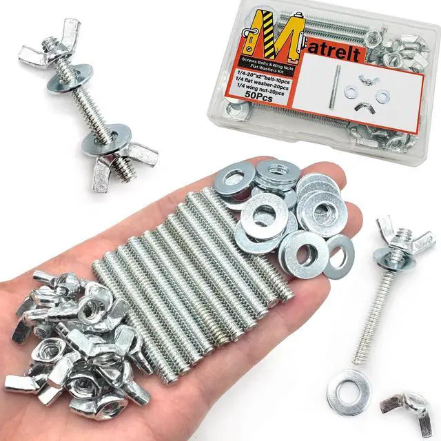 Main image of 10Sets (50 Pcs Total) 1/4"-20 x2 Screws Bolts and Wing Nuts Flat Washers Kit Fully Threaded Rod and Nut with Hand Twist Tighten Wing Head Silver Zinc Plated Hardware Fitting Fastenings Assortment Kit