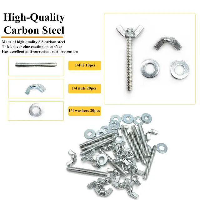 Alt view image 3 of 7 - 10Sets (50 Pcs Total) 1/4"-20 x2 Screws Bolts and Wing Nuts Flat Washers Kit Fully Threaded Rod and Nut with Hand Twist Tighten Wing Head Silver Zinc Plated Hardware Fitting Fastenings Assortment Kit