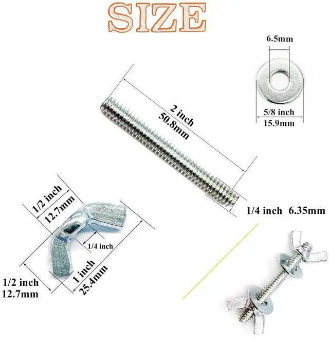 Alt view image 2 of 7 - 10Sets (50 Pcs Total) 1/4"-20 x2 Screws Bolts and Wing Nuts Flat Washers Kit Fully Threaded Rod and Nut with Hand Twist Tighten Wing Head Silver Zinc Plated Hardware Fitting Fastenings Assortment Kit