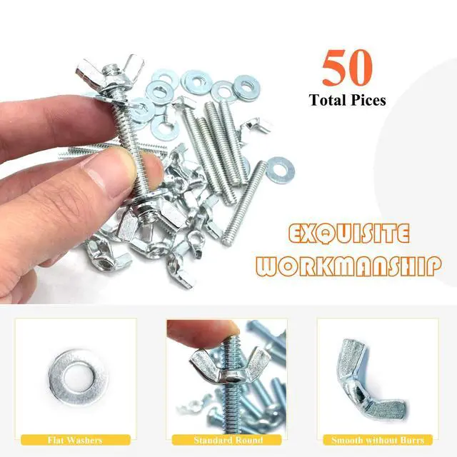 Alt view image 4 of 7 - 10Sets (50 Pcs Total) 1/4"-20 x2 Screws Bolts and Wing Nuts Flat Washers Kit Fully Threaded Rod and Nut with Hand Twist Tighten Wing Head Silver Zinc Plated Hardware Fitting Fastenings Assortment Kit
