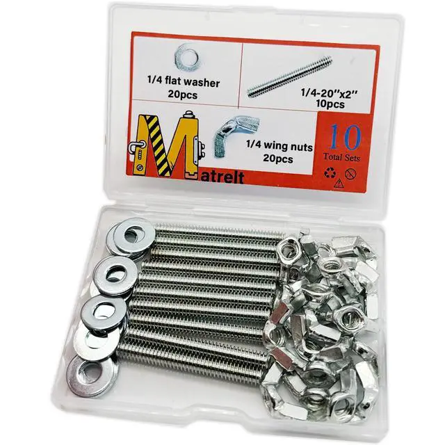 Alt view image 7 of 7 - 10Sets (50 Pcs Total) 1/4"-20 x2 Screws Bolts and Wing Nuts Flat Washers Kit Fully Threaded Rod and Nut with Hand Twist Tighten Wing Head Silver Zinc Plated Hardware Fitting Fastenings Assortment Kit