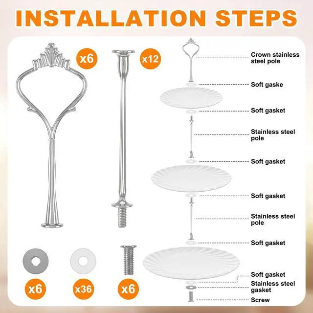 Alt view image 5 of 6 - 6 Sets 3 Tiered Tray Hardware Kit,Simple,Silver | Cake Stand Hardware, Stacking Cupcake Stand Fittings, Fruit Cake Plate Handle Fitting Rod for Dessert Serving Decoration