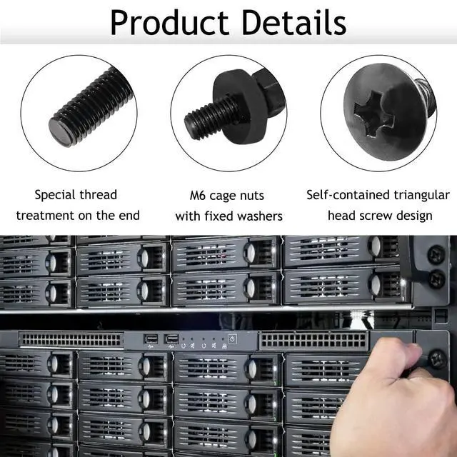 Alt view image 3 of 7 - 50-Pack M6 x 16mm Computer Rack Mount Cage Screws, Nuts & Washers for Server Cabinet - Black