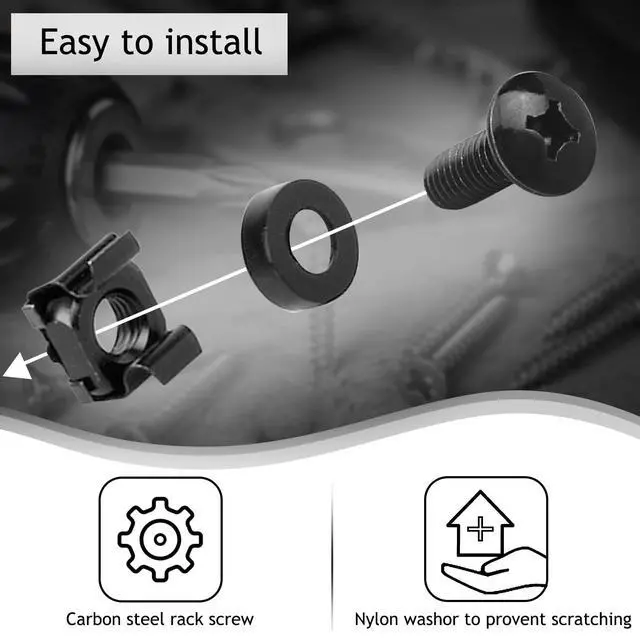 Alt view image 4 of 7 - 50-Pack M6 x 16mm Computer Rack Mount Cage Screws, Nuts & Washers for Server Cabinet - Black