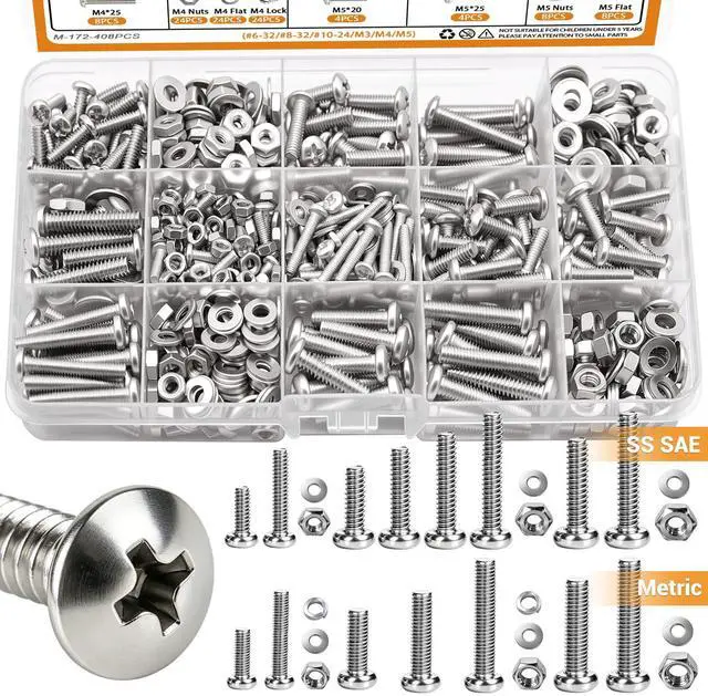 Main image of 408PCS Machine Screws Assortment Kit, SAE & Metric Nuts Bolts | SAE #6-32 #8-32 #10-24 metric M3 M4 M5 Phillips Pan Head Screws Cross Slotted Round Head Bolts