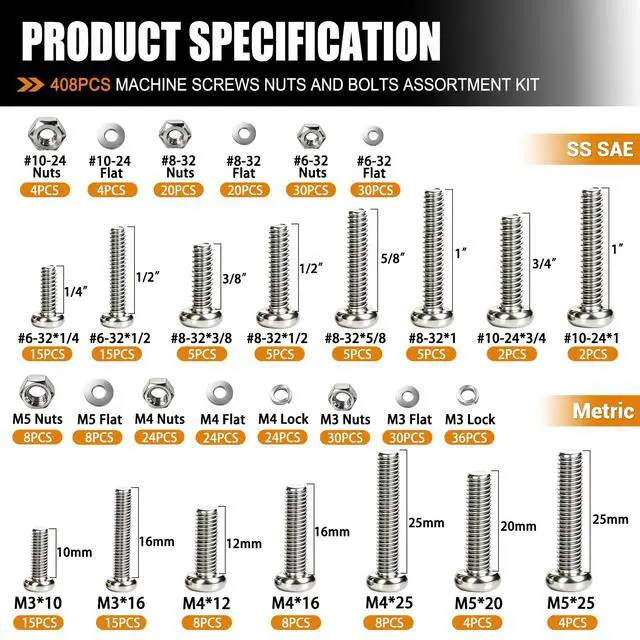 Alt view image 2 of 6 - 408PCS Machine Screws Assortment Kit, SAE & Metric Nuts Bolts | SAE #6-32 #8-32 #10-24 metric M3 M4 M5 Phillips Pan Head Screws Cross Slotted Round Head Bolts