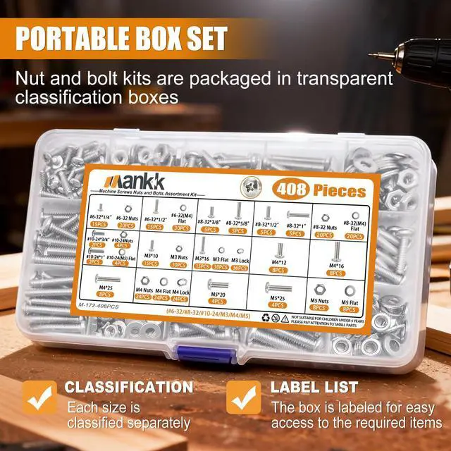 Alt view image 4 of 6 - 408PCS Machine Screws Assortment Kit, SAE & Metric Nuts Bolts | SAE #6-32 #8-32 #10-24 metric M3 M4 M5 Phillips Pan Head Screws Cross Slotted Round Head Bolts