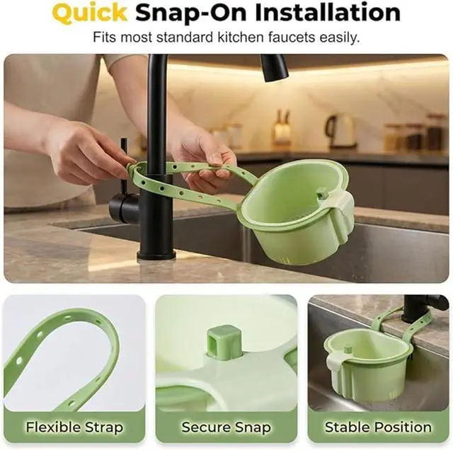 Alt view image 4 of 5 - Sink Drain Strainer Self-Cleaning Faucet Hanging Filter Basket, Multifunctional Kitchen Sink Strainer Press Automatic Dumping Basket (Green)