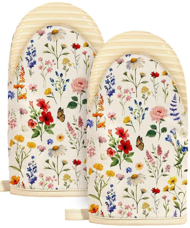 Main image of Vintage Floral Mini Oven Mitts Set Beige Extended Short Heat Resistant Kitchen Gloves for Women, 100% Cotton Oven Mitts with Silicone Grips, Non-Slip and Thick Durable for Cooking & Baking