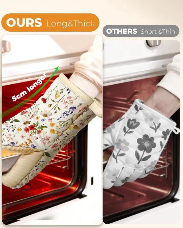 Alt view image 3 of 6 - Vintage Floral Mini Oven Mitts Set Beige Extended Short Heat Resistant Kitchen Gloves for Women, 100% Cotton Oven Mitts with Silicone Grips, Non-Slip and Thick Durable for Cooking & Baking