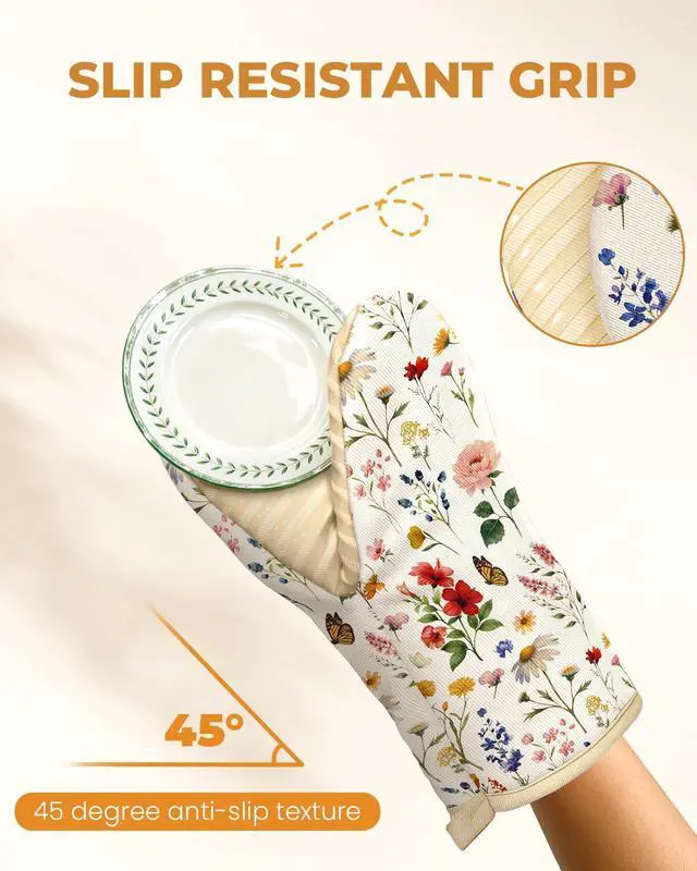 Alt view image 4 of 6 - Vintage Floral Mini Oven Mitts Set Beige Extended Short Heat Resistant Kitchen Gloves for Women, 100% Cotton Oven Mitts with Silicone Grips, Non-Slip and Thick Durable for Cooking & Baking