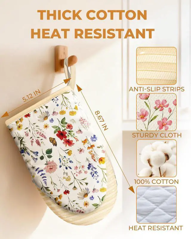 Alt view image 2 of 6 - Vintage Floral Mini Oven Mitts Set Beige Extended Short Heat Resistant Kitchen Gloves for Women, 100% Cotton Oven Mitts with Silicone Grips, Non-Slip and Thick Durable for Cooking & Baking