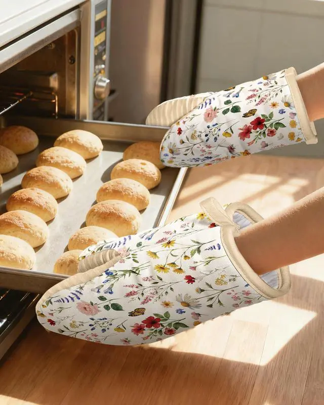 Alt view image 5 of 6 - Vintage Floral Mini Oven Mitts Set Beige Extended Short Heat Resistant Kitchen Gloves for Women, 100% Cotton Oven Mitts with Silicone Grips, Non-Slip and Thick Durable for Cooking & Baking