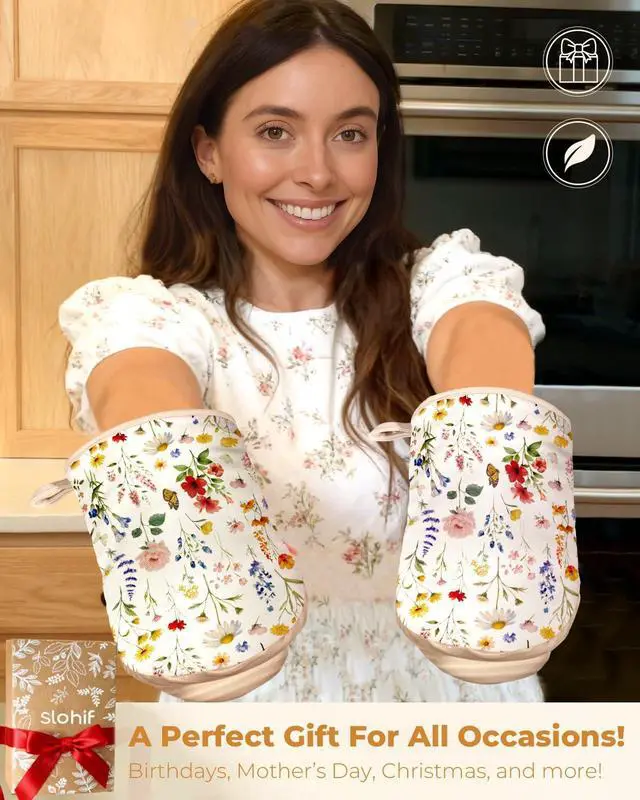 Alt view image 6 of 6 - Vintage Floral Mini Oven Mitts Set Beige Extended Short Heat Resistant Kitchen Gloves for Women, 100% Cotton Oven Mitts with Silicone Grips, Non-Slip and Thick Durable for Cooking & Baking