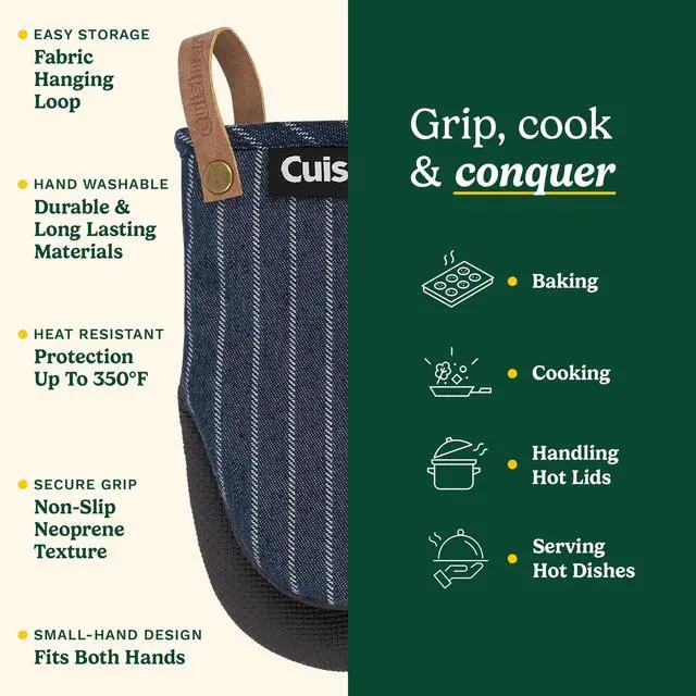 Alt view image 5 of 7 - Cuisinart Heritage Mini Oven Mitts, 2-Pack, Neoprene, Heat Resistant 350F | Cotton-lined, non-slip neoprene palm, ambidextrous design, leather hang loop, ideal for smaller hands and everyday cooking