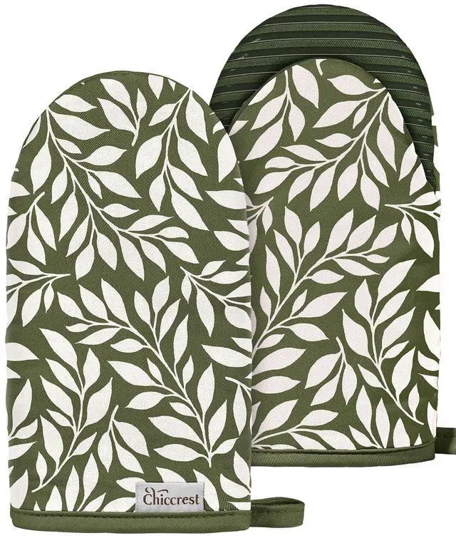 Main image of 100% Thick Cotton Mini Oven Mitts Silicone Grip Green Leaf | Elegant Classic Oven Mitts for Women, Machine Washable, Non-Slip, Reversible Design Fits Both Hands, Stylish Kitchen Decor