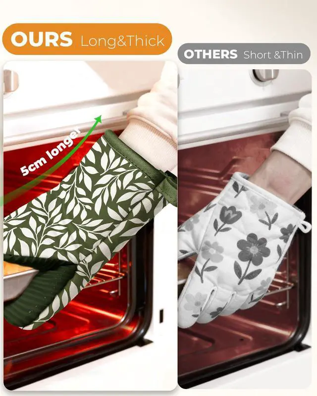 Alt view image 3 of 6 - 100% Thick Cotton Mini Oven Mitts Silicone Grip Green Leaf | Elegant Classic Oven Mitts for Women, Machine Washable, Non-Slip, Reversible Design Fits Both Hands, Stylish Kitchen Decor