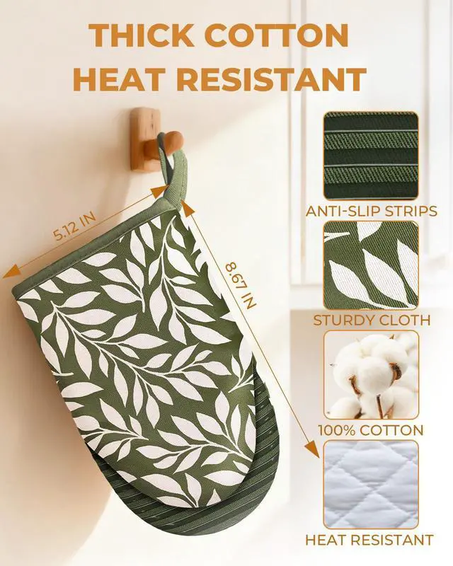 Alt view image 2 of 6 - 100% Thick Cotton Mini Oven Mitts Silicone Grip Green Leaf | Elegant Classic Oven Mitts for Women, Machine Washable, Non-Slip, Reversible Design Fits Both Hands, Stylish Kitchen Decor