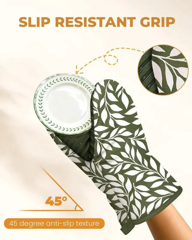 Alt view image 4 of 6 - 100% Thick Cotton Mini Oven Mitts Silicone Grip Green Leaf | Elegant Classic Oven Mitts for Women, Machine Washable, Non-Slip, Reversible Design Fits Both Hands, Stylish Kitchen Decor