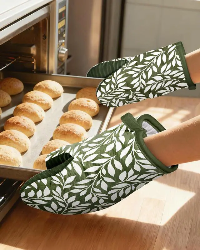 Alt view image 5 of 6 - 100% Thick Cotton Mini Oven Mitts Silicone Grip Green Leaf | Elegant Classic Oven Mitts for Women, Machine Washable, Non-Slip, Reversible Design Fits Both Hands, Stylish Kitchen Decor