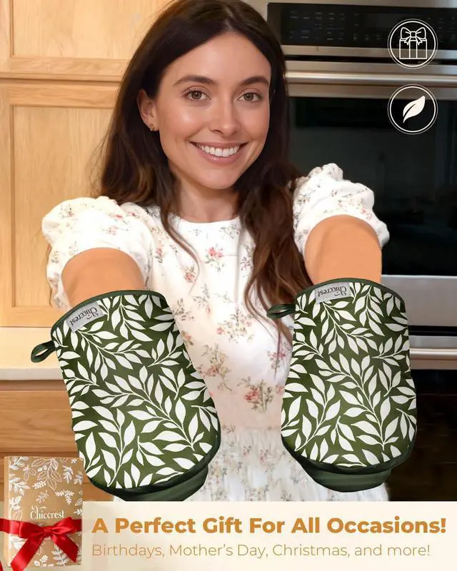 Alt view image 6 of 6 - 100% Thick Cotton Mini Oven Mitts Silicone Grip Green Leaf | Elegant Classic Oven Mitts for Women, Machine Washable, Non-Slip, Reversible Design Fits Both Hands, Stylish Kitchen Decor