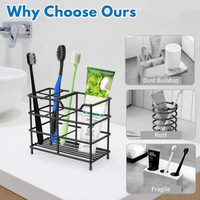 Alt view image 2 of 7 - Toothbrush Holders for Bathrooms 304 Stainless Steel Quick Drying Black | Upgrade Heavy Duty Sturdy Durable Toothpaste Holder Bathroom Organizer Storage Decor Accessories Tooth Brush Holder Caddy