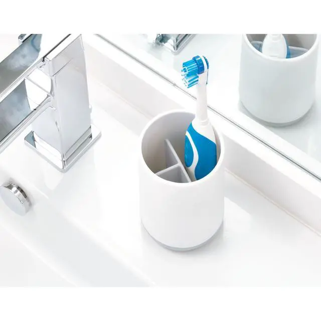 Alt view image 6 of 7 - Cade Collection Toothbrush Holder, 3" x 3" x 4.5", White/Gray | For Normal Toothbrushes, For Spin Brushes, For Toothpaste