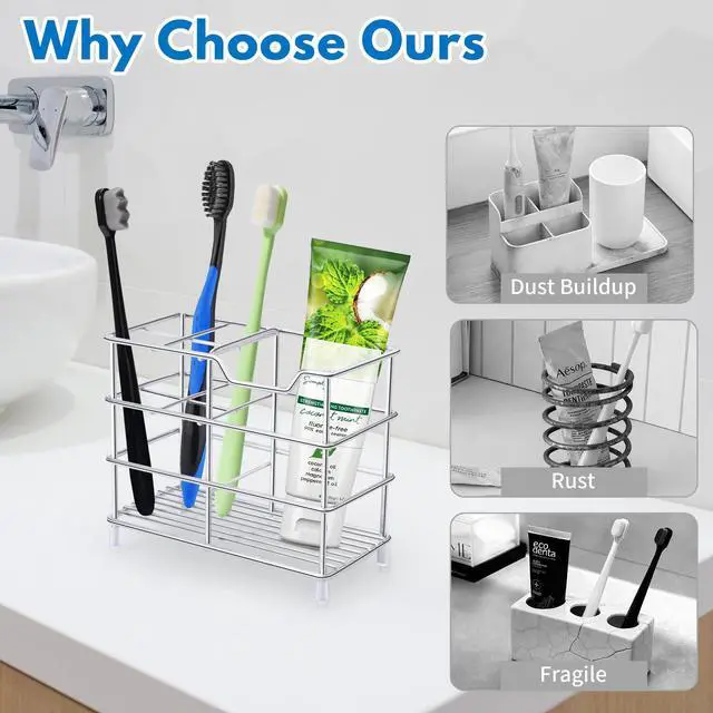 Alt view image 2 of 7 - Toothbrush Holders for Bathrooms 304 Stainless Steel Quick Drying Silver | Upgrade Heavy Duty Sturdy Durable Toothpaste Holder Bathroom Organizer Storage Decor Accessories Tooth Brush Holder Caddy