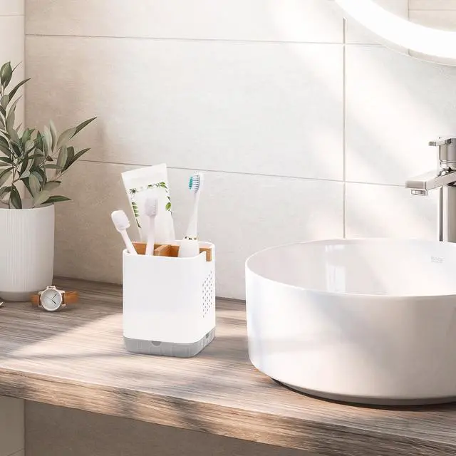 Alt view image 2 of 7 - Toothbrush and Toothpaste Holder with Bamboo Divider for Bathroom Countertop Organizer, Plastic Detachable Anti-Slip Large Electric Toothbrush Holders Storage Caddy Drainage for Family, Kids