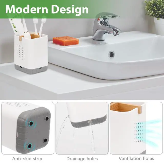 Alt view image 4 of 7 - Toothbrush and Toothpaste Holder with Bamboo Divider for Bathroom Countertop Organizer, Plastic Detachable Anti-Slip Large Electric Toothbrush Holders Storage Caddy Drainage for Family, Kids