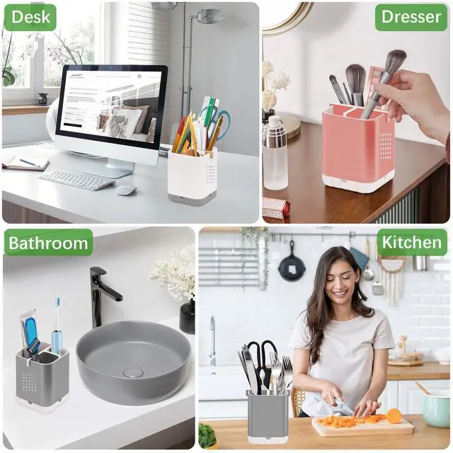 Alt view image 6 of 7 - Toothbrush and Toothpaste Holder with Bamboo Divider for Bathroom Countertop Organizer, Plastic Detachable Anti-Slip Large Electric Toothbrush Holders Storage Caddy Drainage for Family, Kids