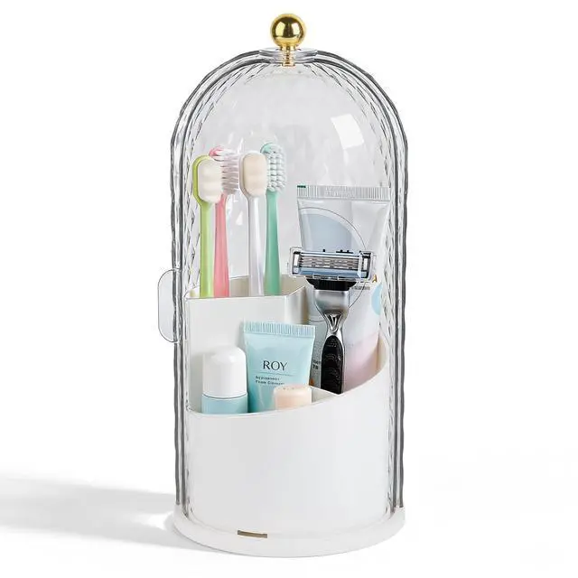 Main image of Toothbrush Holder with Cover for Bathroom Countertop, Organizer, White | Rotating 3 Slot Holder for Electric Toothbrushes, Toothpaste, Self Draining Vanity Organizer, Makeup Brush Storage
