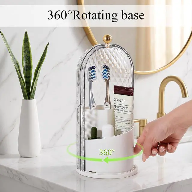 Alt view image 2 of 7 - Toothbrush Holder with Cover for Bathroom Countertop, Organizer, White | Rotating 3 Slot Holder for Electric Toothbrushes, Toothpaste, Self Draining Vanity Organizer, Makeup Brush Storage
