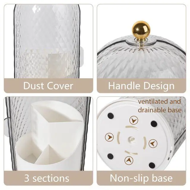 Alt view image 4 of 7 - Toothbrush Holder with Cover for Bathroom Countertop, Organizer, White | Rotating 3 Slot Holder for Electric Toothbrushes, Toothpaste, Self Draining Vanity Organizer, Makeup Brush Storage
