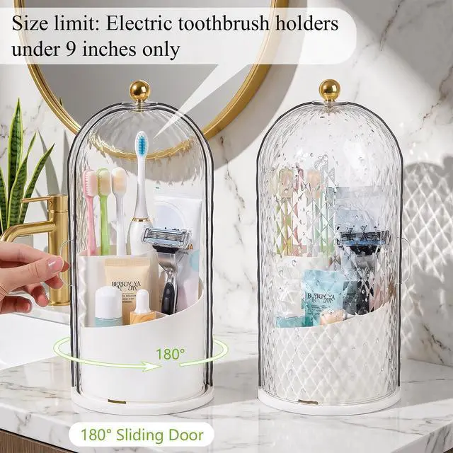 Alt view image 5 of 7 - Toothbrush Holder with Cover for Bathroom Countertop, Organizer, White | Rotating 3 Slot Holder for Electric Toothbrushes, Toothpaste, Self Draining Vanity Organizer, Makeup Brush Storage