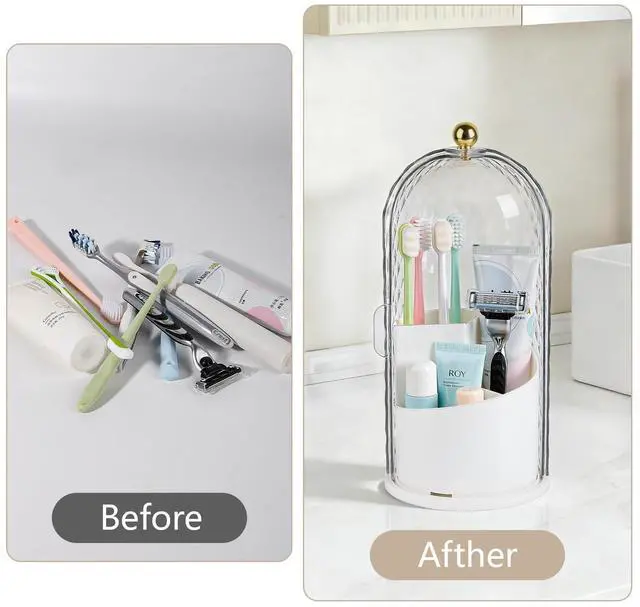 Alt view image 6 of 7 - Toothbrush Holder with Cover for Bathroom Countertop, Organizer, White | Rotating 3 Slot Holder for Electric Toothbrushes, Toothpaste, Self Draining Vanity Organizer, Makeup Brush Storage