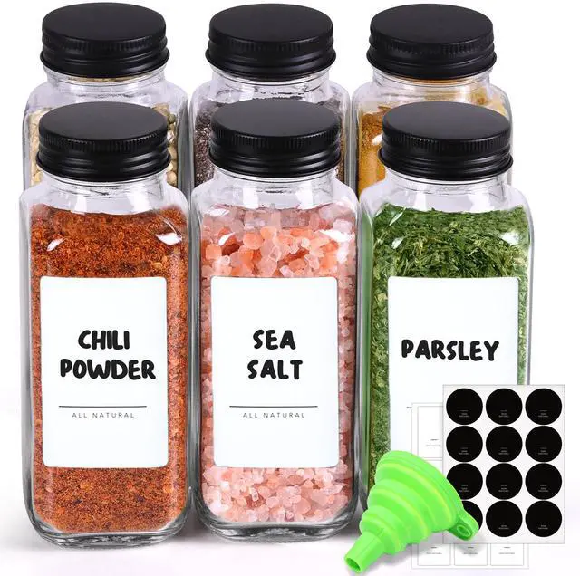 Main image of Glass Spice Jars with with Labels 8 oz 6 Pack Square | Empty Containers, Seasoning Herbs Powders, Salt Pepper Chili, Spice Rack Organization, Kitchen Cabinet Storage
