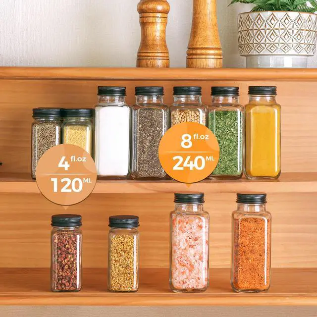 Alt view image 6 of 7 - Glass Spice Jars with with Labels 8 oz 6 Pack Square | Empty Containers, Seasoning Herbs Powders, Salt Pepper Chili, Spice Rack Organization, Kitchen Cabinet Storage