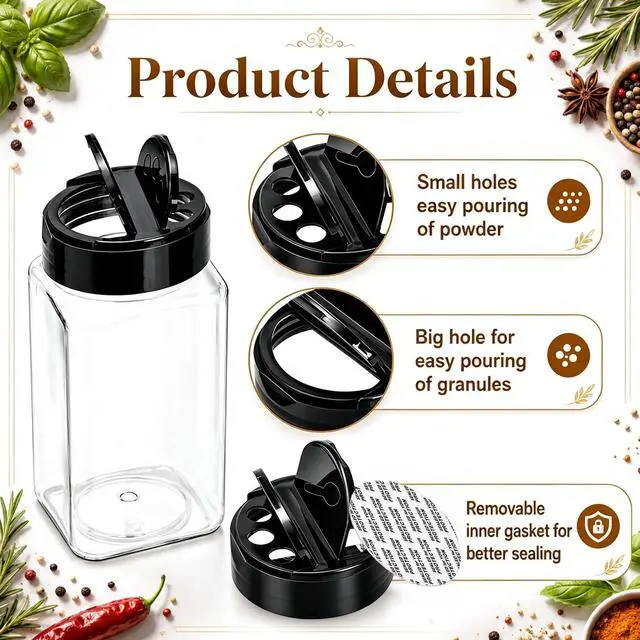 Alt view image 3 of 7 - 16 Pack 9 oz Plastic Spice Jars with Black Cap, Plastic Spice Bottles Empty Seasoning Containers for Storing Spice, Herbs and Powders