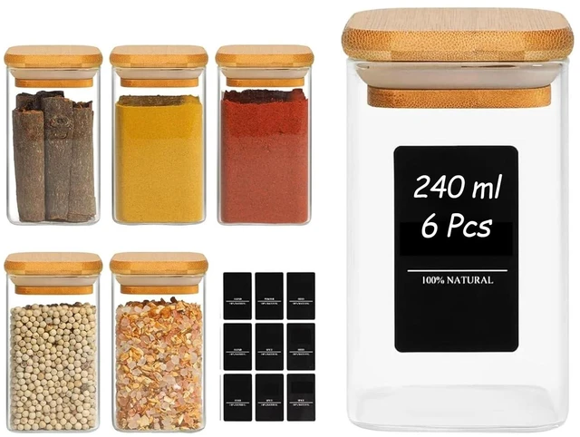 Main image of Square Glass Spice Jars with Labels 8 oz 6 Pack with Bamboo Lids | Glass Jars with Lids, Spice Containers, Seasoning and Herb Jars, Salt Pepper Chili Powder, Dry Goods, Kitchen Cabinet Storage