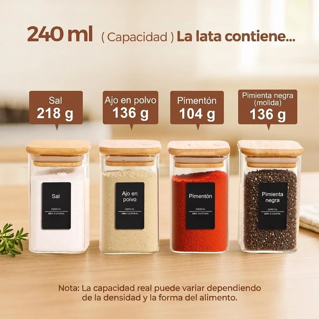 Alt view image 2 of 7 - Square Glass Spice Jars with Labels 8 oz 6 Pack with Bamboo Lids | Glass Jars with Lids, Spice Containers, Seasoning and Herb Jars, Salt Pepper Chili Powder, Dry Goods, Kitchen Cabinet Storage