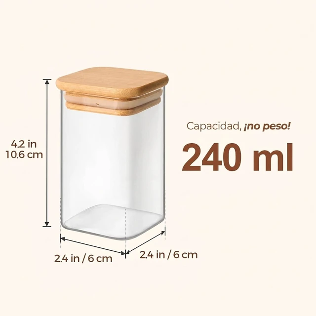 Alt view image 3 of 7 - Square Glass Spice Jars with Labels 8 oz 6 Pack with Bamboo Lids | Glass Jars with Lids, Spice Containers, Seasoning and Herb Jars, Salt Pepper Chili Powder, Dry Goods, Kitchen Cabinet Storage