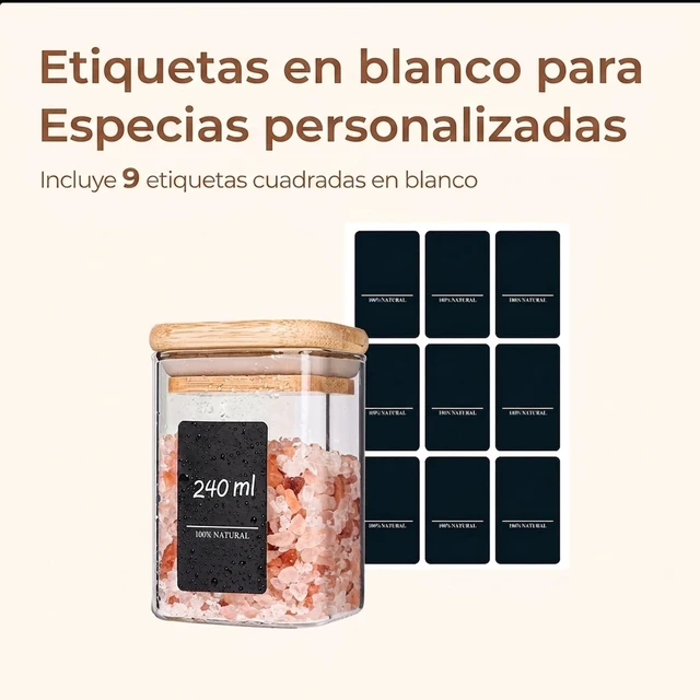 Alt view image 5 of 7 - Square Glass Spice Jars with Labels 8 oz 6 Pack with Bamboo Lids | Glass Jars with Lids, Spice Containers, Seasoning and Herb Jars, Salt Pepper Chili Powder, Dry Goods, Kitchen Cabinet Storage