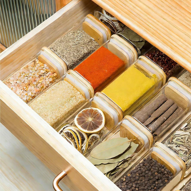 Alt view image 7 of 7 - Square Glass Spice Jars with Labels 8 oz 6 Pack with Bamboo Lids | Glass Jars with Lids, Spice Containers, Seasoning and Herb Jars, Salt Pepper Chili Powder, Dry Goods, Kitchen Cabinet Storage